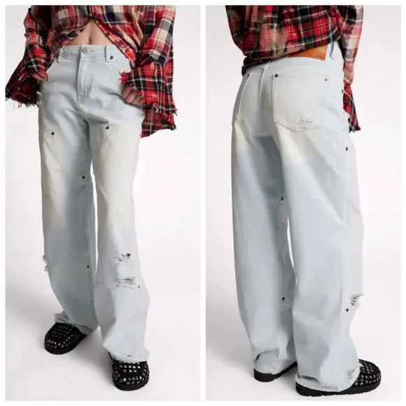 One Teaspoon Jackson Utility Mid Waist Wide Leg Jeans Le Surf 31 NEW - Picture 1 of 14